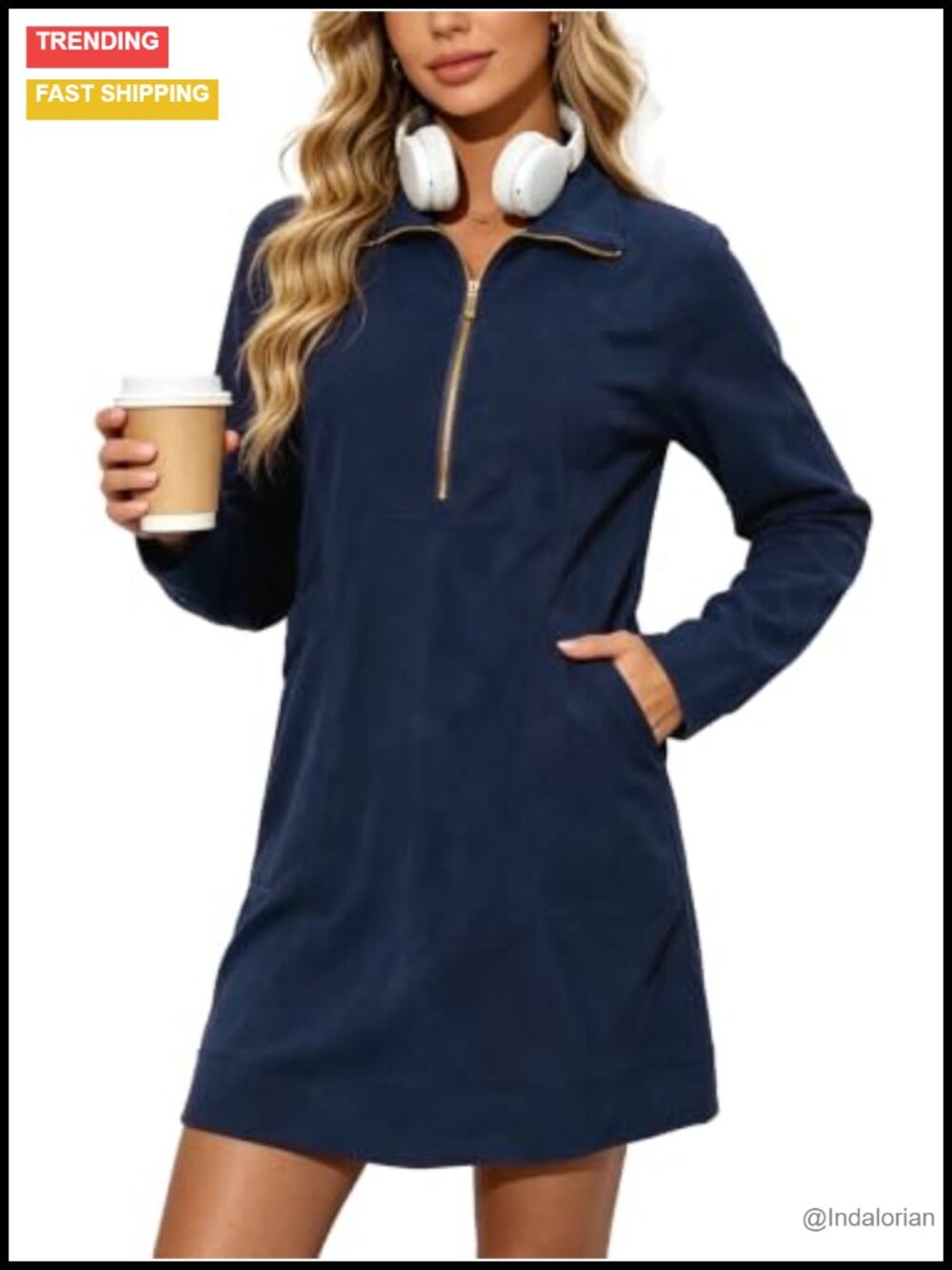 Corduroy Half Zip Short Tunic Dress Side Slits Long Sleeve